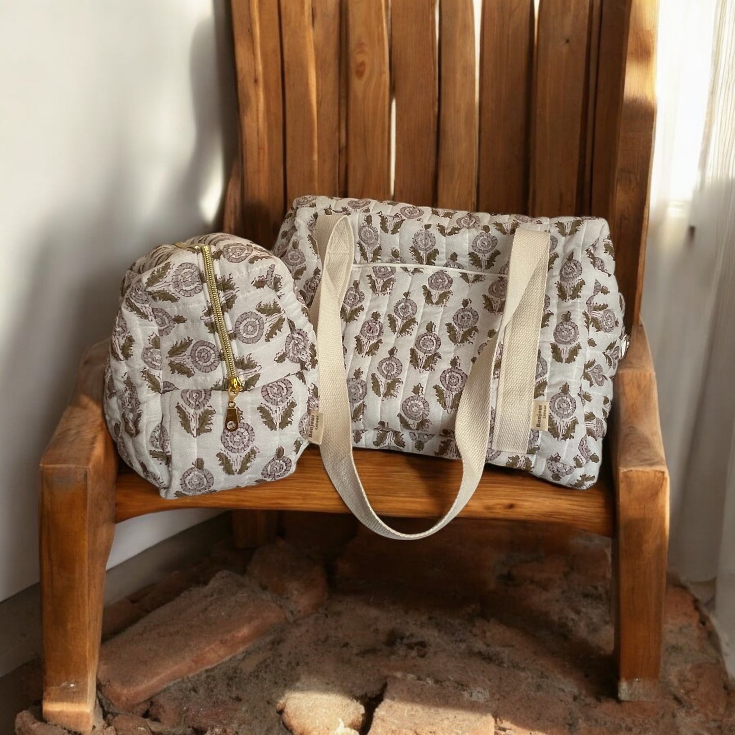 Pack Sac à Langer et Trousse de Toilette matelassé coton Block Print (broderie offerte)